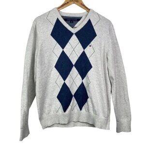 TOMMY HILFIGER MEN'S HEATHER GRAY/NAVY ARGYLE V-NECK SWEATER LARGE